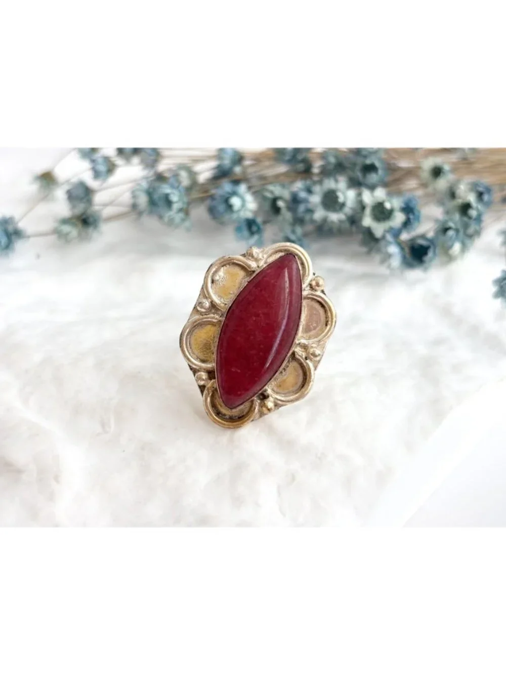 Red Adventurine Marquise Scalloped Sterling Silver 925 Vintage Ring - sz 10.5